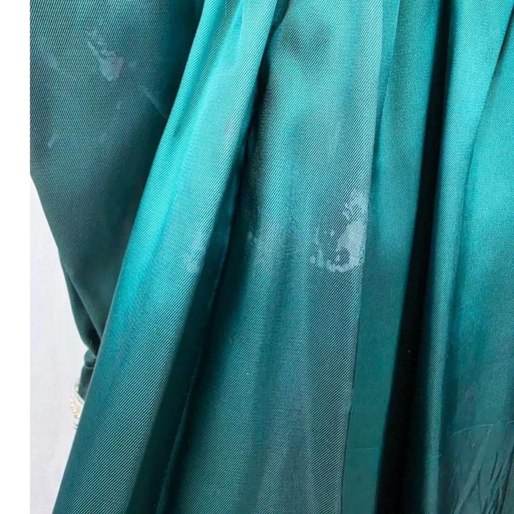 Vintage Emerald Green Satin Prairie Dress Girls Lace Trim Victorian Costume